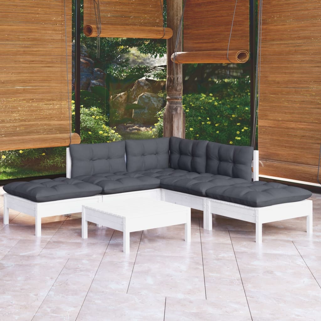 vidaXL Loungegrupp med dynor 6 delar vit massiv furu