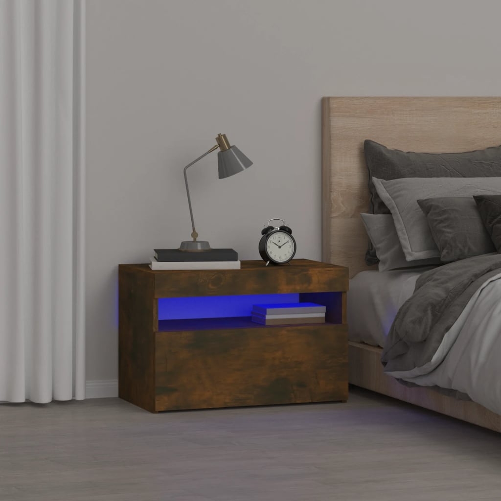 vidaXL Sängbord med LED-belysning rökfärgad ek 60x35x40 cm