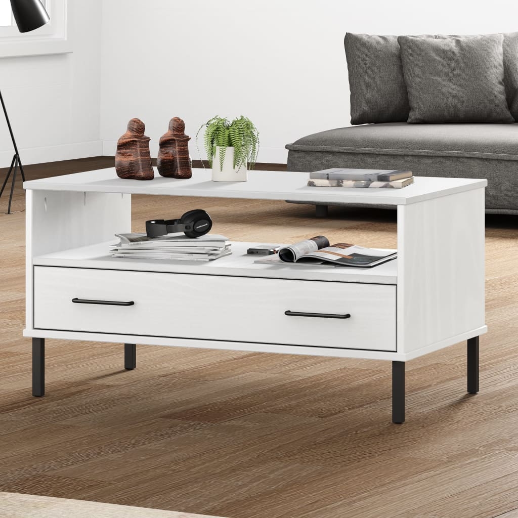 vidaXL Soffbord med metallben OSLO vit 85x50x45 cm massivt trä