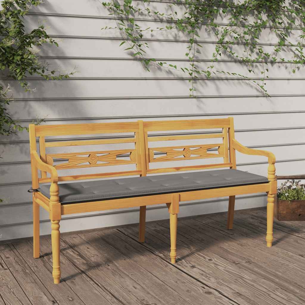 vidaXL Bataviabänk med grå dyna 150 cm massiv teak