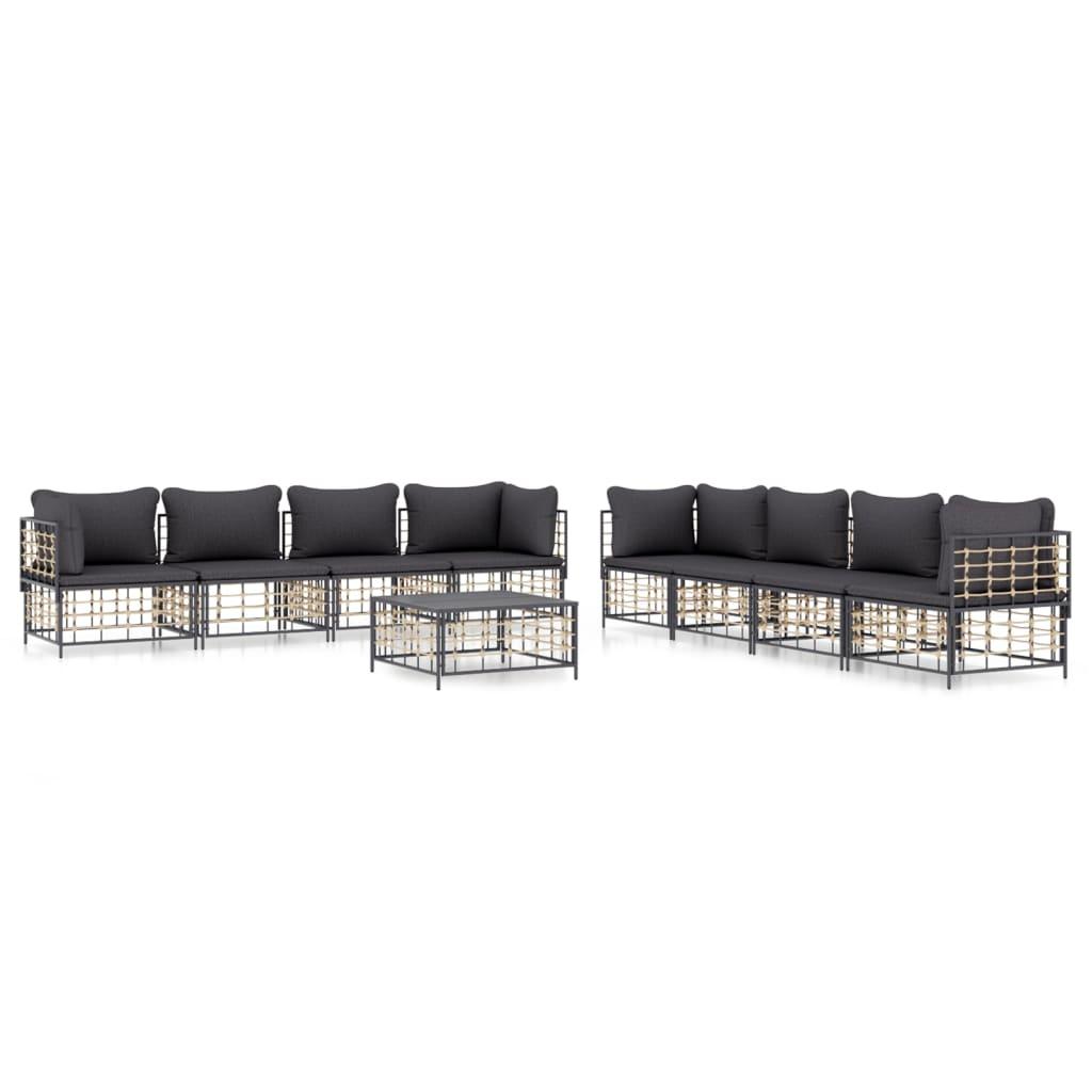 vidaXL Loungegrupp 9 delar med dynor antracit konstrotting