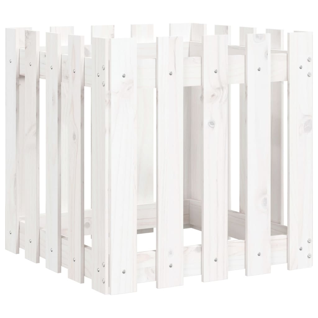 vidaXL Odlingslåda med staket-design vit 50x50x50 cm massiv furu