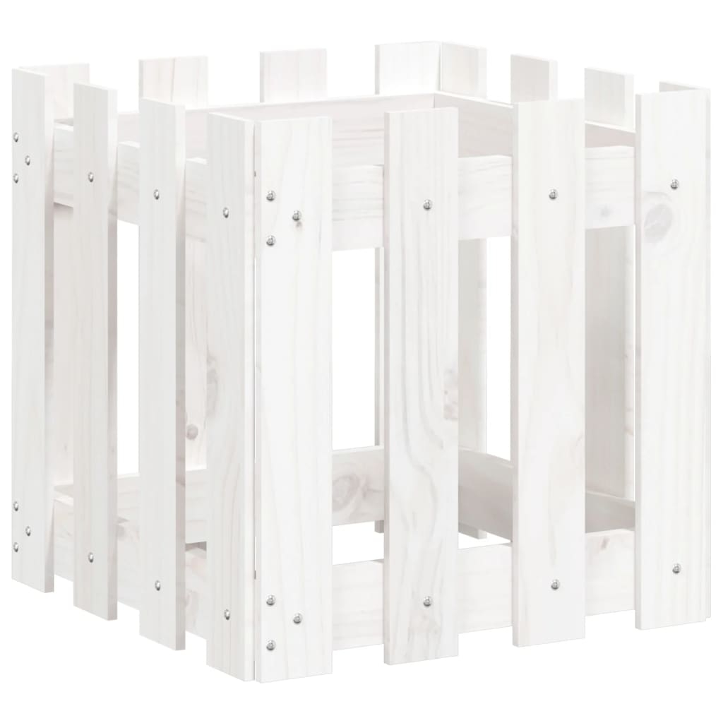 vidaXL Odlingslåda med staket-design vit 40x40x40 cm massiv furu
