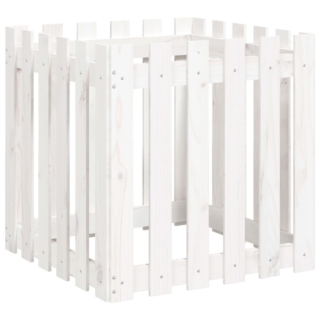 vidaXL Odlingslåda med staket-design vit 60x60x60 cm massiv furu