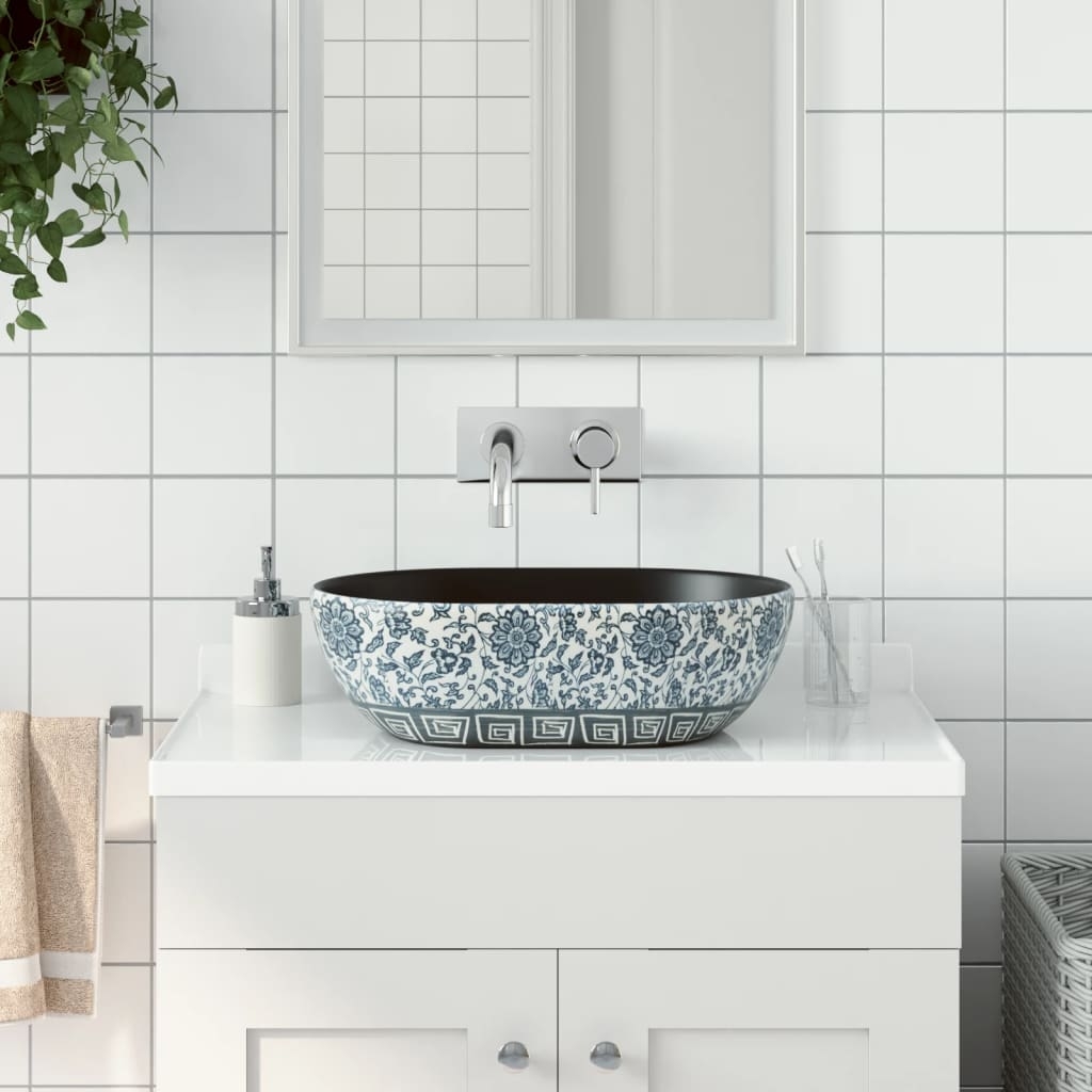 vidaXL Handfat svart och blå oval 47x33x13 cm keramik