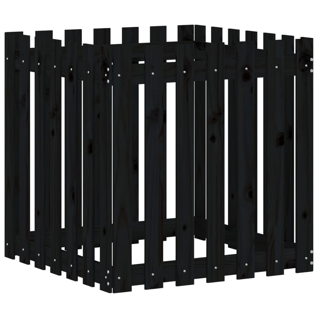 vidaXL Odlingslåda med staket-design svart 70x70x70 cm massiv furu