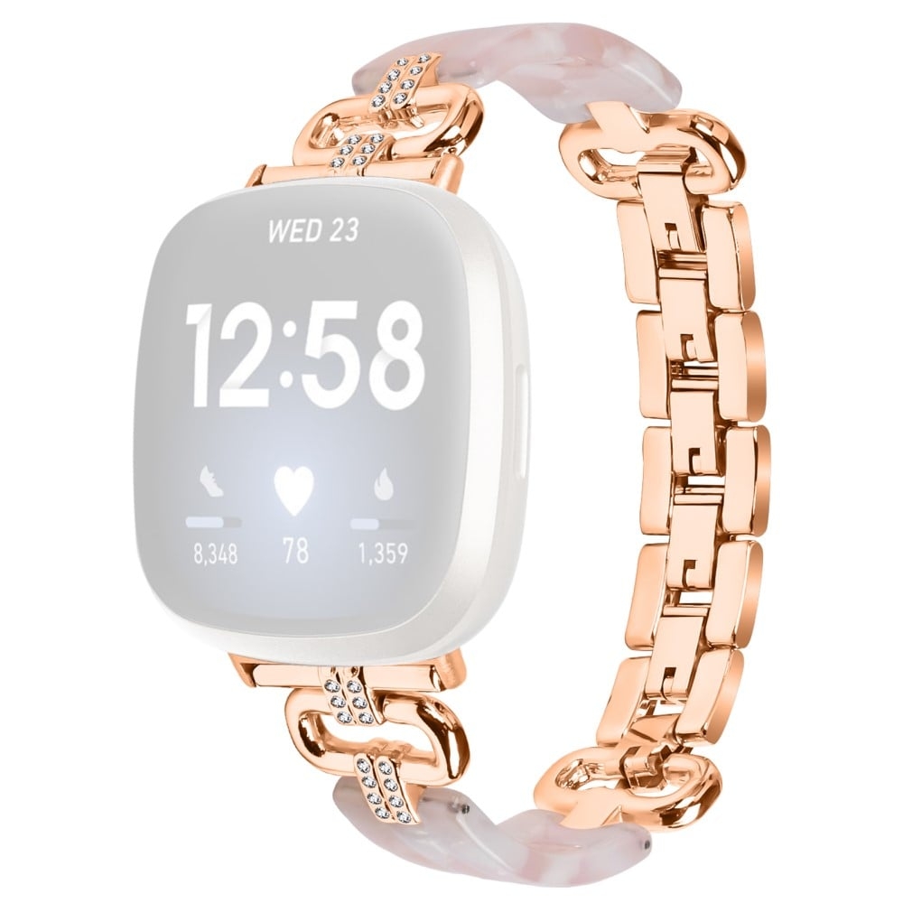 Fitbit Versa 4 / Sense 2 Smartklokkebånd av harpiks og rhinestone - Rose Gull + Rosa