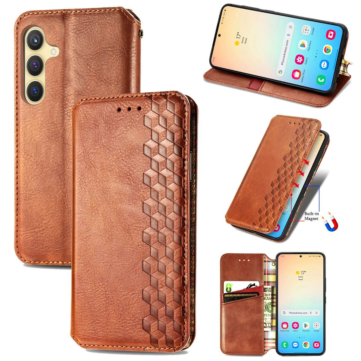 Läder Samsung Galaxy S25 fodral med romb-design - Brun