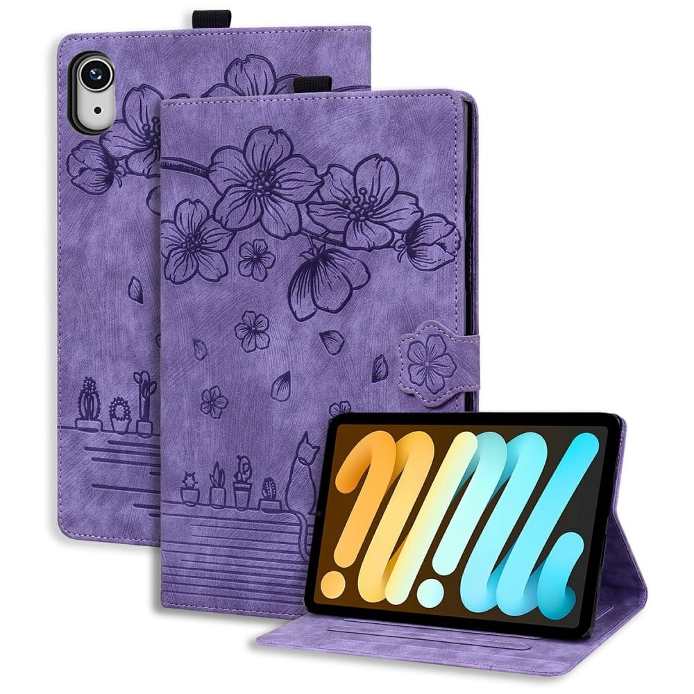 iPad mini (2024) / mini (2021) Case Flip Stand Leather Phone Cover Cherry Blossom Cat Imprinted - Purple