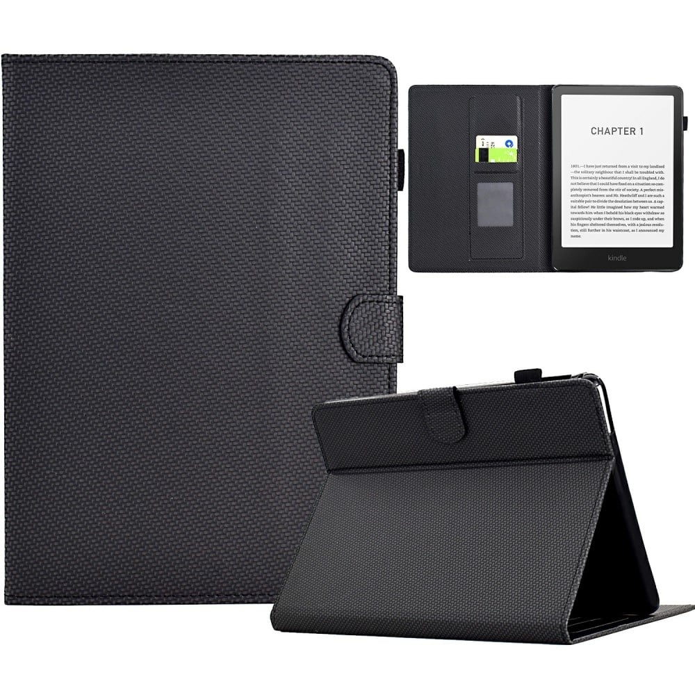 Amazon Kindle Paperwhite (2024) Fodral Kolfibertextur Veganläder Skydd Stand View - Svart