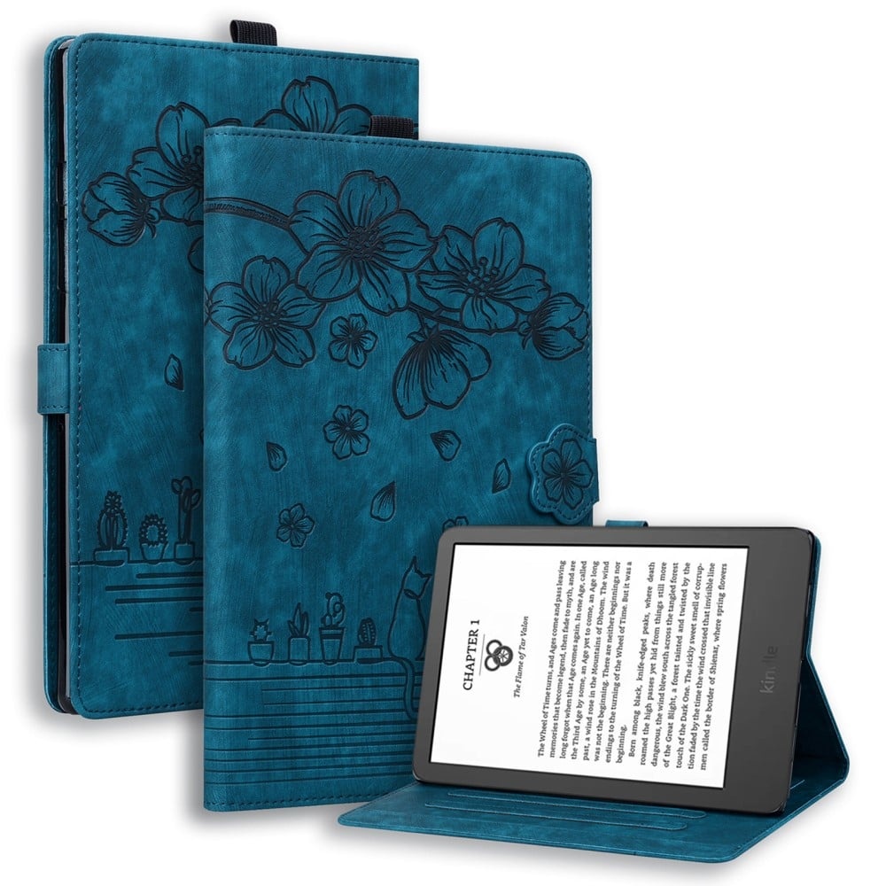Amazon Kindle Paperwhite (2024) Fodral Flip Stand Läder Tablet Cover Cherry Blossom Cat Imprinted - Blå