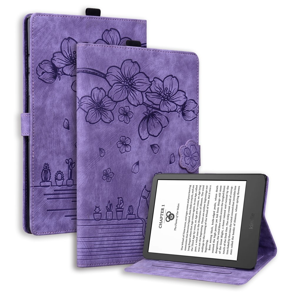 Amazon Kindle Paperwhite (2024) Fodral Flip Stand Läder Tablet Cover Cherry Blossom Cat Imprinted - Lila