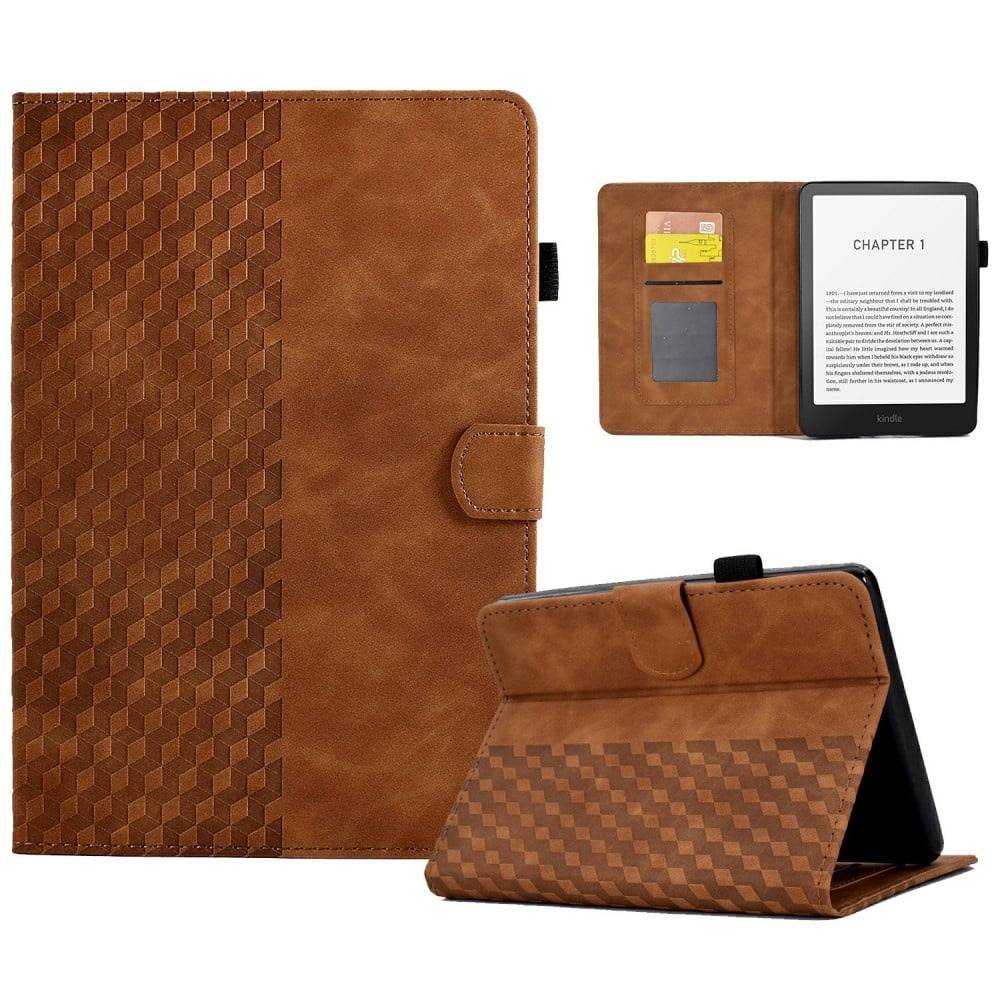 Amazon Kindle Paperwhite (2024) Fodral Kortplatser Läder Läsplatta Skydd Blockmönster - Brun