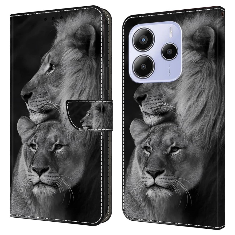 Xiaomi Redmi Note 14 5G Fodral Magnetiskt lås 3D-mönster Läder Plånbok Telefonskal - Par Lejon