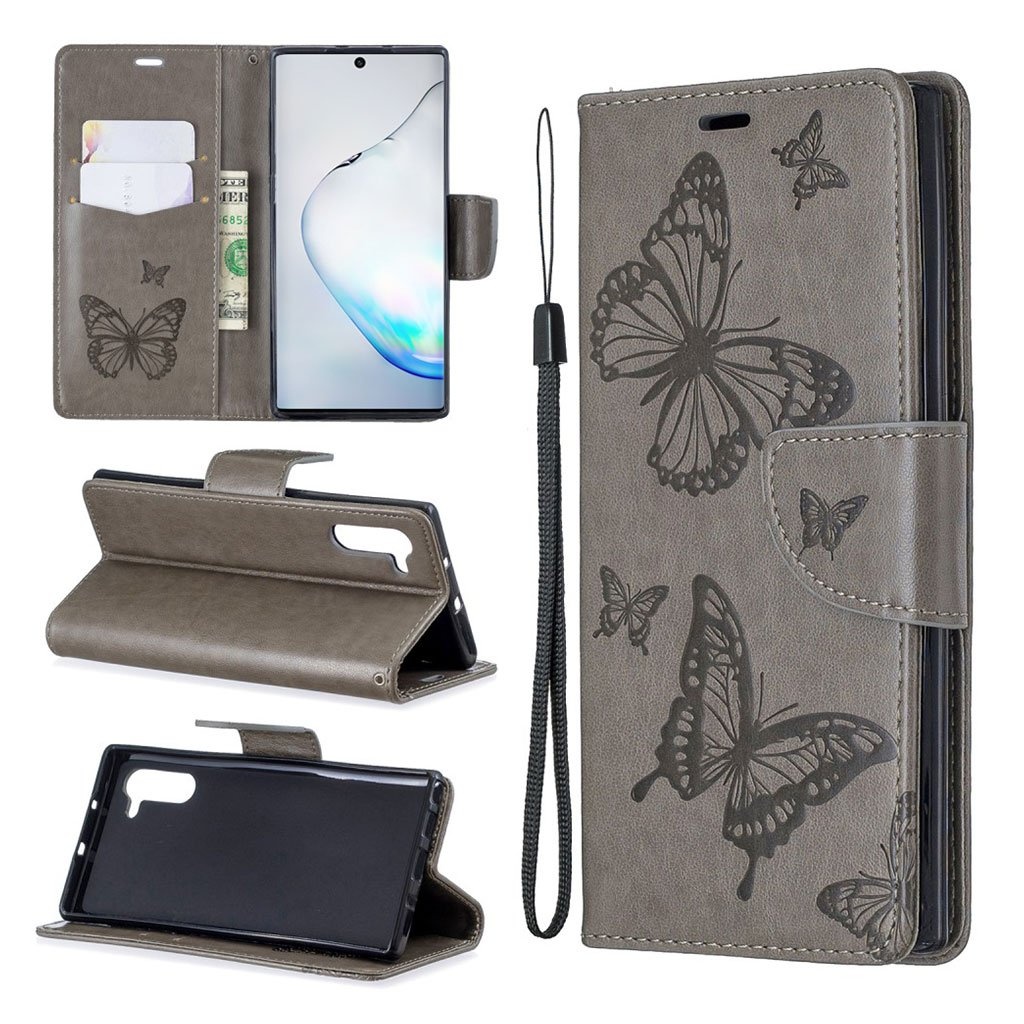 Butterfly läder Samsung Galaxy Note 10 fodral - Silver/Grå