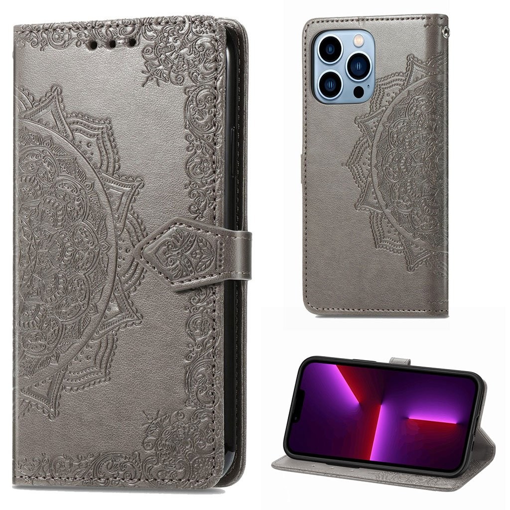 Sølv Mandala Iphone 13 Pro Max Læderetui - /Grå