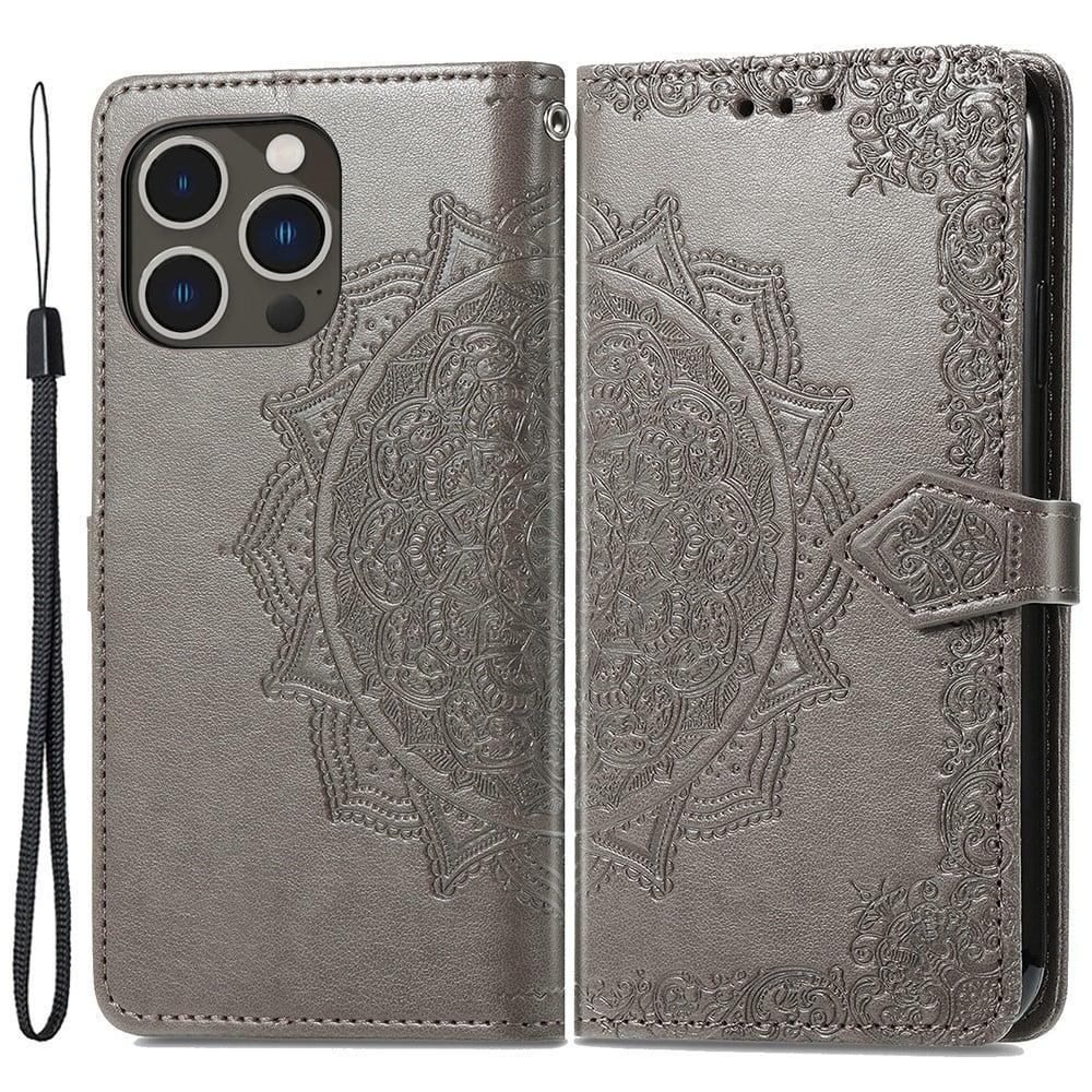 Sølv Mandala Iphone 15 Pro Læderetui - /Grå