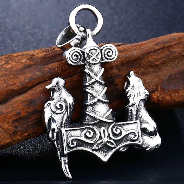Halskæde Nordisk Mytologi Thors hammer med ulv og ravn b8b0 25