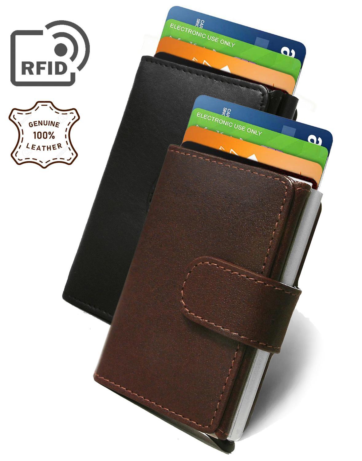 RFID pop-up korthållare i äkta oxläder (brun)
