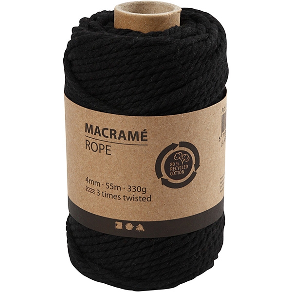 Makramégarn 4 mm - Svart - 55 m - 330 g