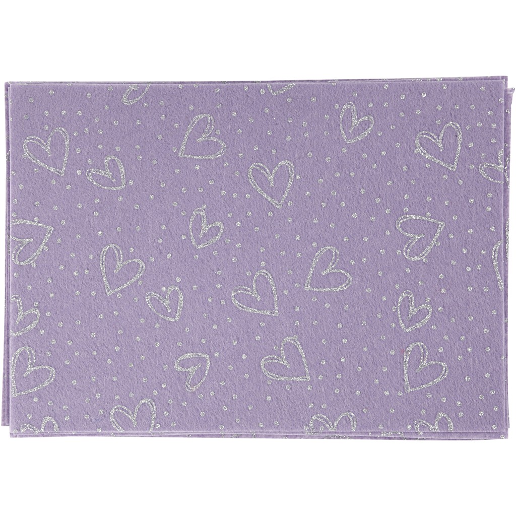 Hobbyfilt - A4 - Lila Silverglitter Hjärtan Prickar - 10 ark