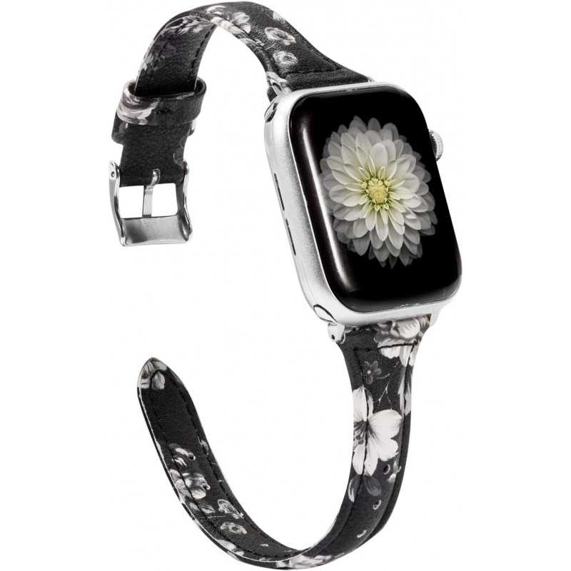 Watch 38/40/41mm Stilrent Läderarmband Mercy - Svart/Vit Blomma