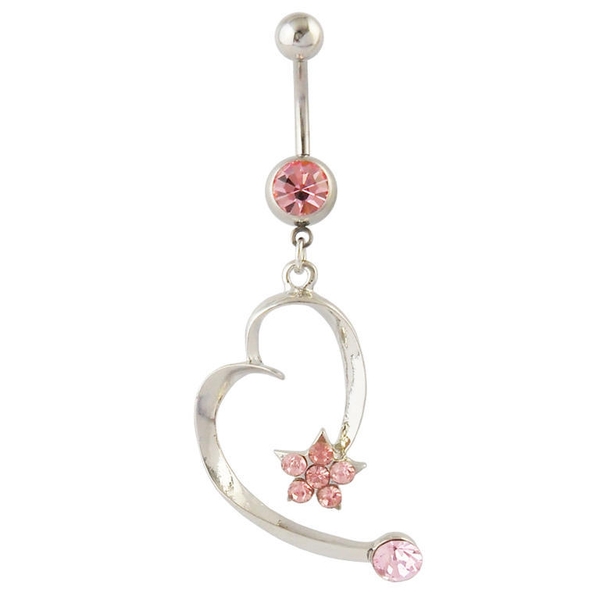 Navelpiercing Navel Piercing i Kirurgiskt Stål i Silver Färg - Hjärta & Stjärna med Rosa Rhinestones