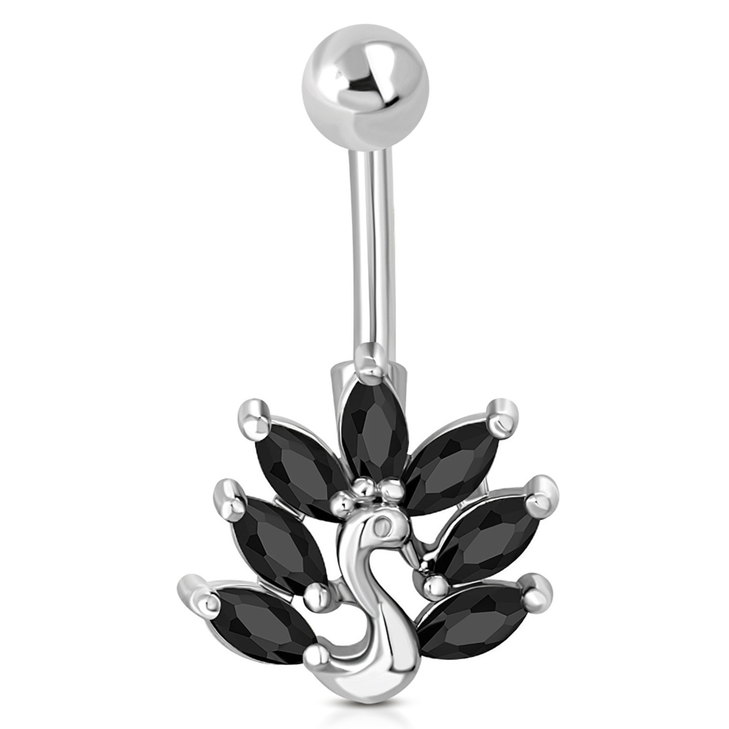 Navelpiercing Navel Piercing i Kirurgiskt Stål 316L i Silver Färg - Påfågel med Svarta CZ Cubic Zircon Kristaller