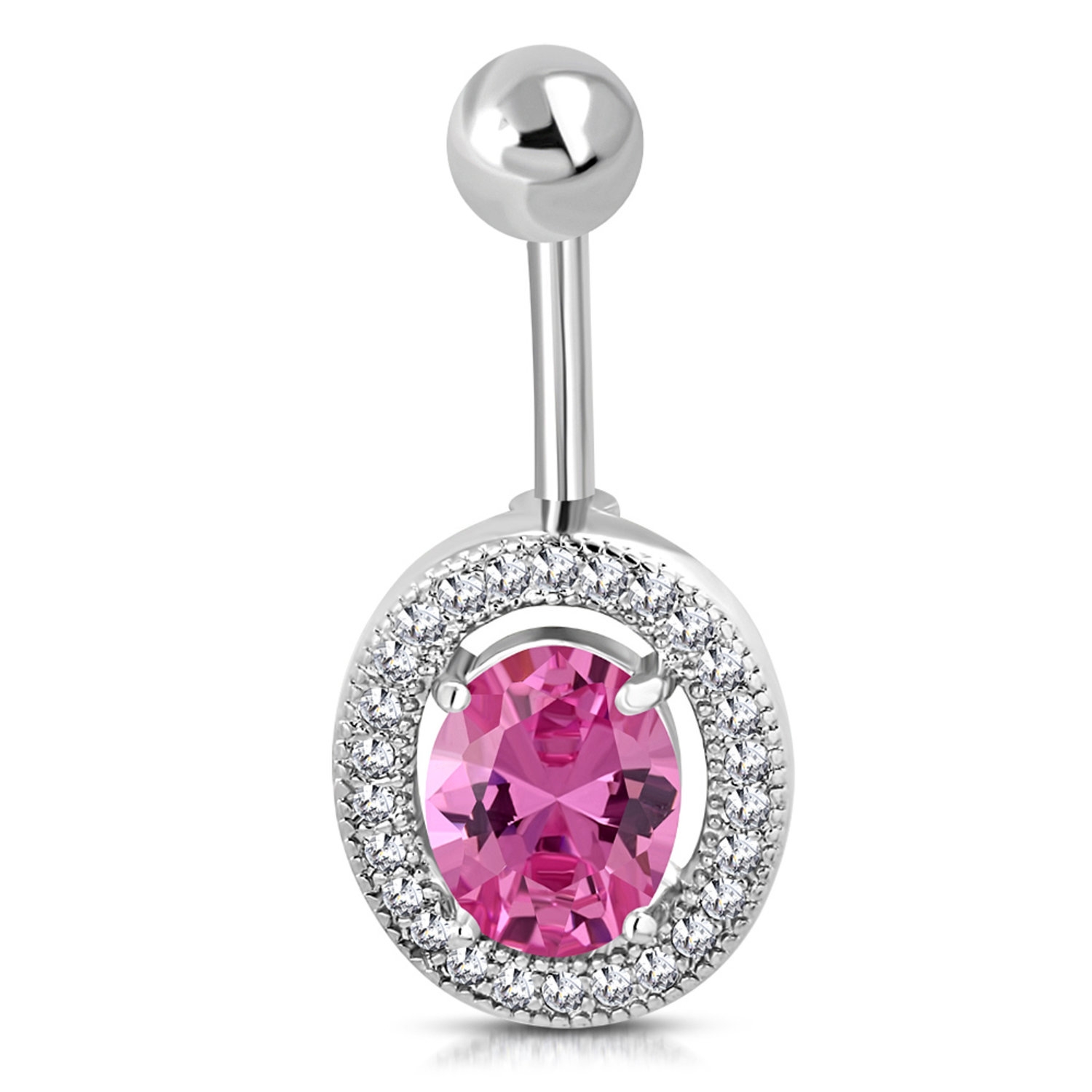 Navelpiercing Navel Piercing i Kirurgiskt Stål 316L i Silver Färg - Oval med Klara & Rosa CZ Kristaller