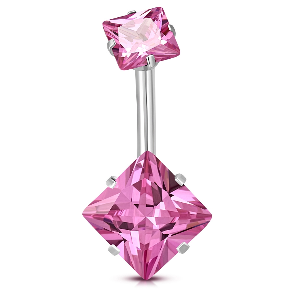 Navelpiercing Navel Piercing i Kirurgiskt Stål 316L i Silver Färg - Dubbla Fyrkantiga Rosa Cubic Zirconia Kristaller