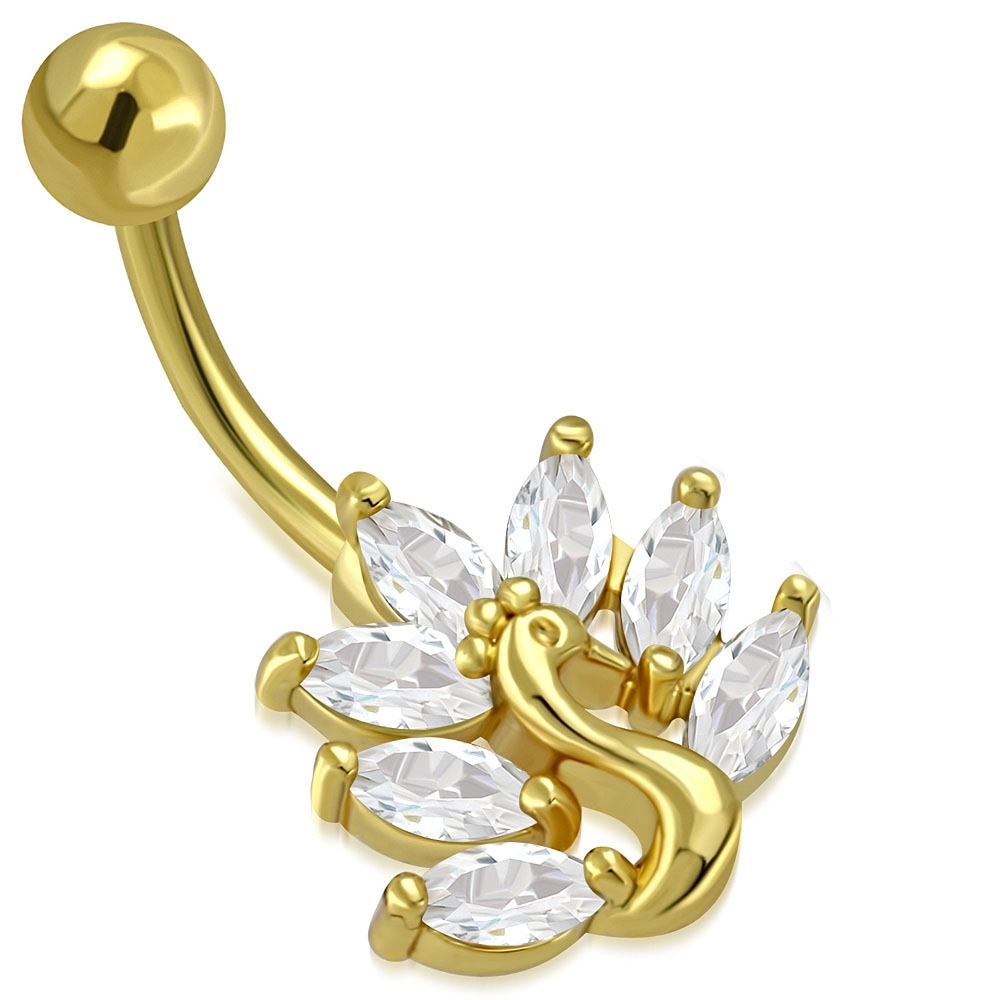 Navelpiercing Navel Piercing i Kirurgiskt Stål 316L i Guld Färg - Påfågel med Klara CZ Cubic Zircon Kristaller