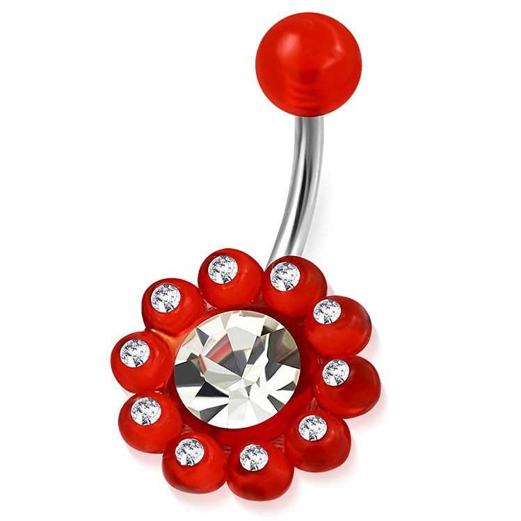 Navelpiercing Navel Piercing i Acryl, Klara CZ & Kirurgiskt Stål 316L i Silver Färg - Röd & Vit Blomma