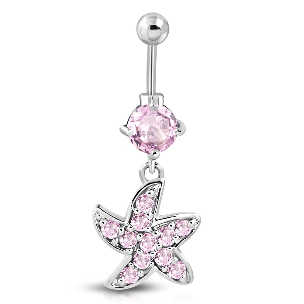 Navelpiercing Navel Piercing i Kirurgiskt Stål 316L i Silver Färg - Stjärna / Sjöstjärna med Rosa CZ Kristaller