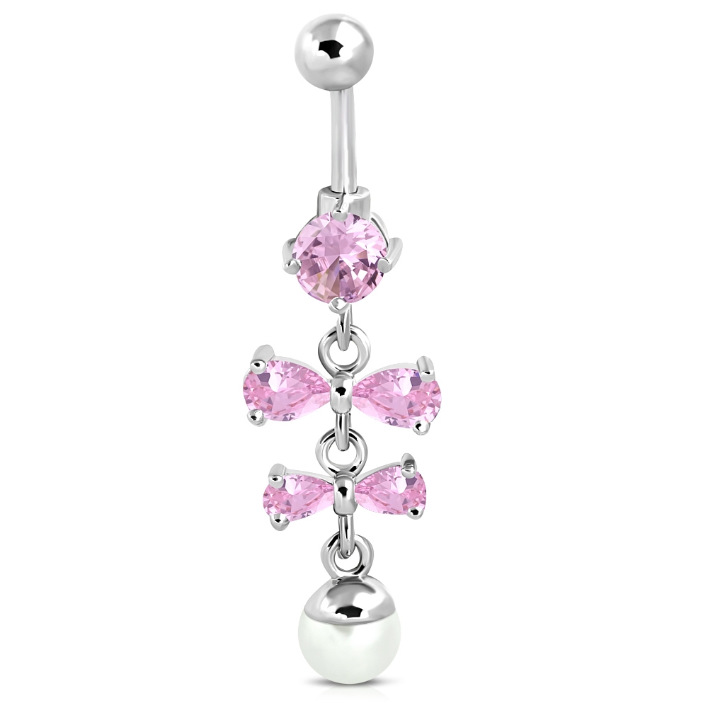Navelpiercing Navel Piercing i Kirurgiskt Stål 316L i Silver Färg - Rosetter med Rosa CZ Kristaller & Vit Pärla