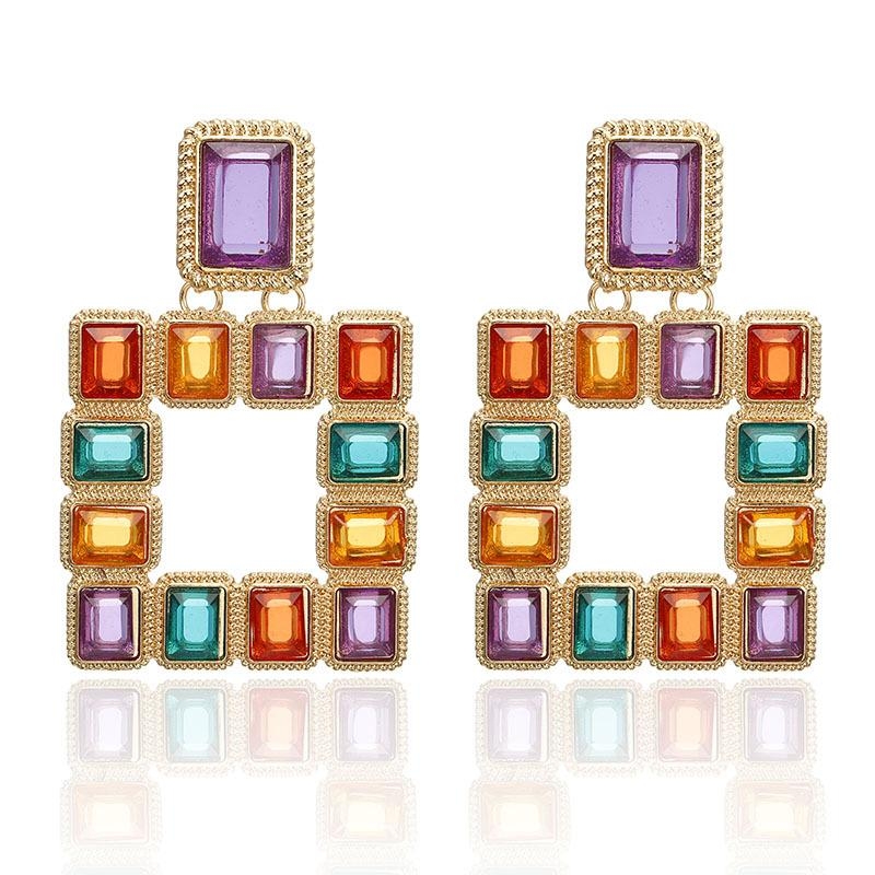 Stora Fest Statement Guld Örhängen - Rektanglar med Rhinestones / Strass i Olika Färger