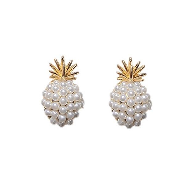 Söta Små Guld Stud Örhängen i form av en Ananas med Små Vita Pärlor