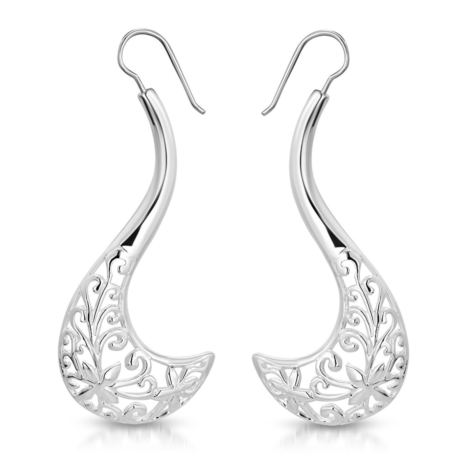 Silverpläterade Eleganta Långa Örhängen med Fint Mönster i Silver Färg