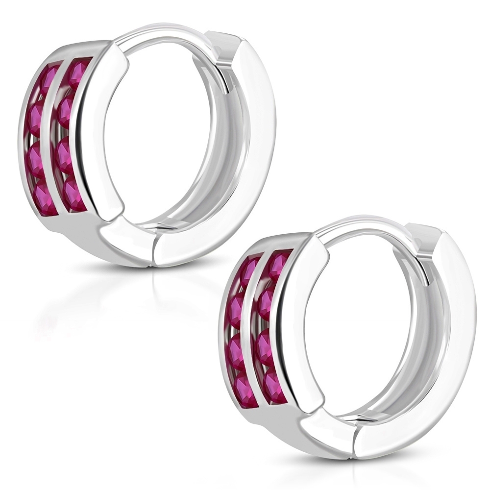 Glittrande Silver Örhängen - Runda Hoop med Rosa Cubic Zircon Kristaller / Strass - Silverpläterade