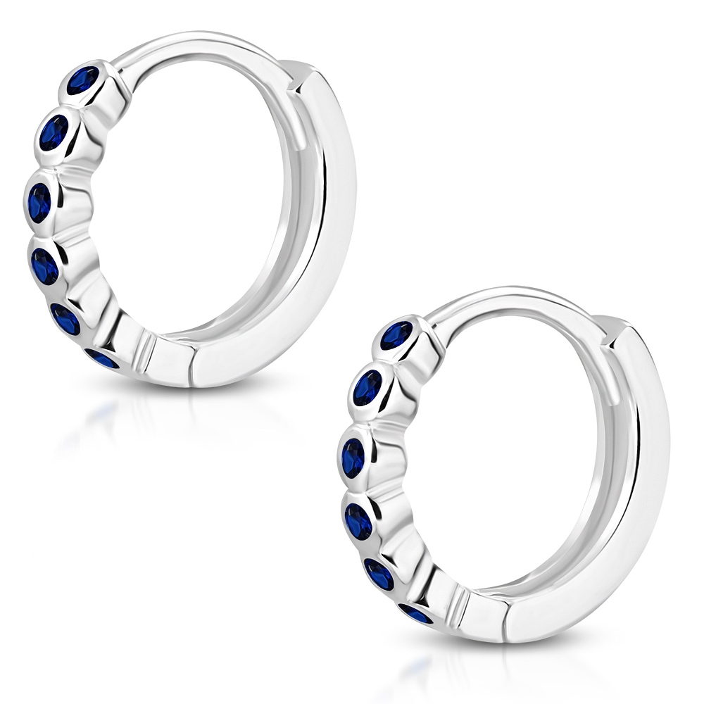Glittrande Silver Örhängen - Runda Hoop med Blå Cubic Zircon Kristaller / Strass - Silverpläterade