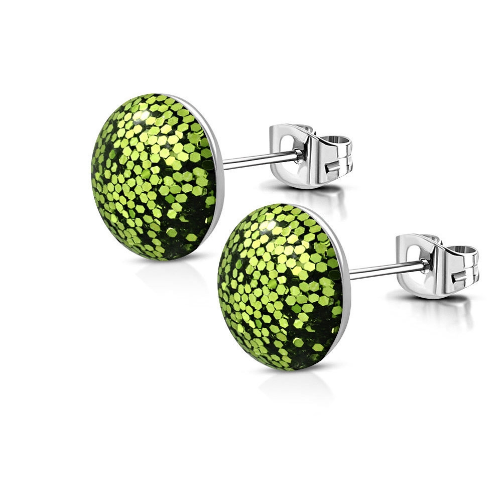 Stiftörhängen Stud Örhängen i Kirurgiskt Stål 316L i Silver Färg - Cirkel med Olivgrönt Glitter - 8 mm