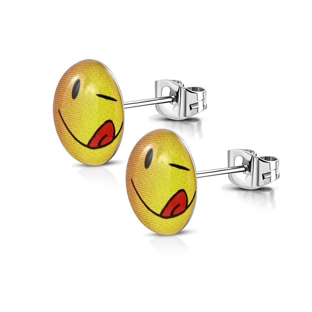 Stiftörhängen Stud Örhängen i Kirurgiskt Stål 316L i Silver Färg – Smiley Emoji – 9 mm