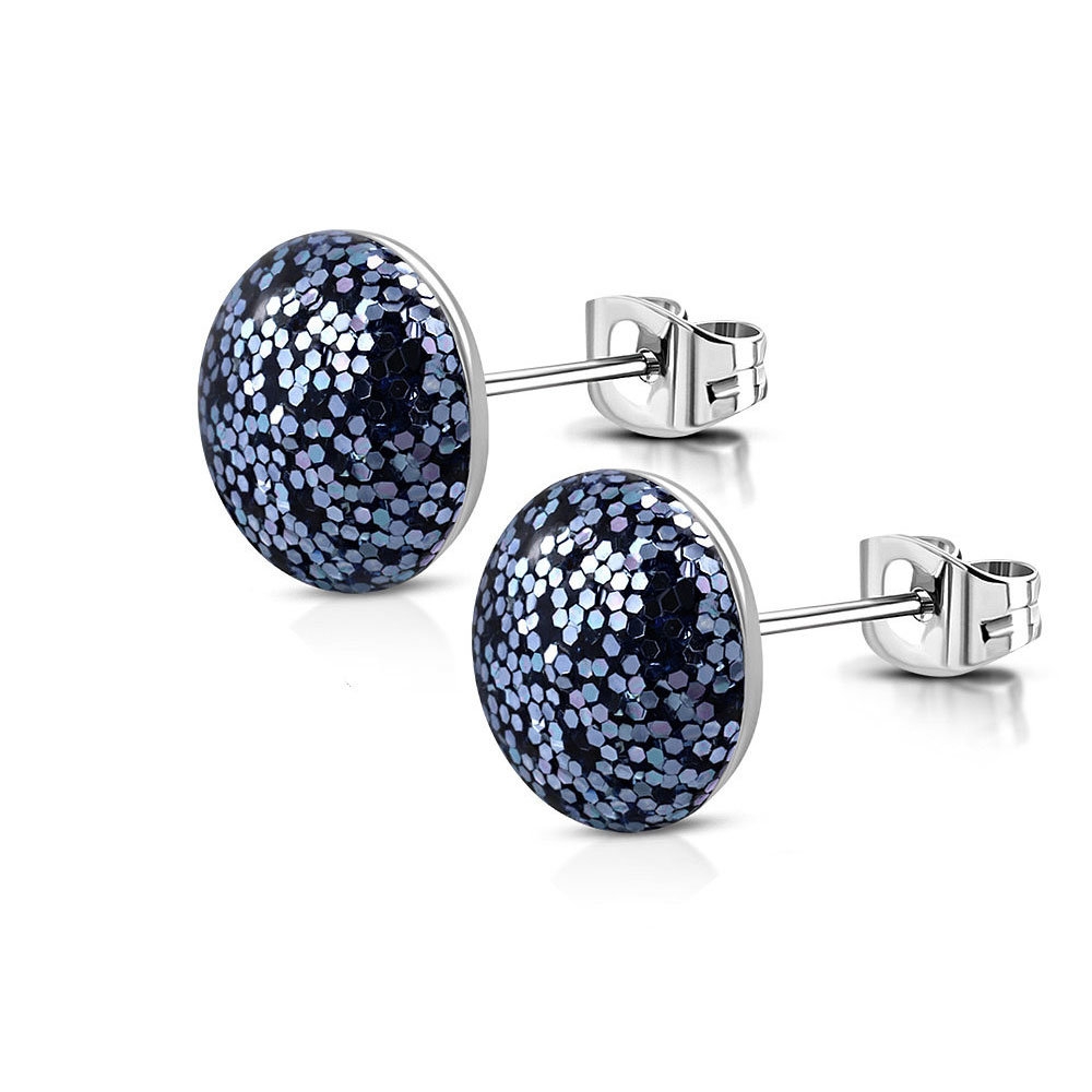 Stiftörhängen Stud Örhängen i Kirurgiskt Stål 316L i Silver Färg - Cirkel med Blått Glitter - 8 mm