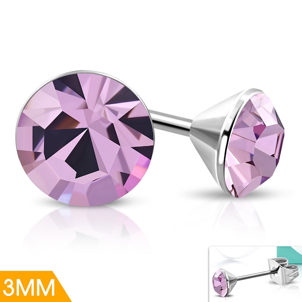 Stiftörhängen Stud Örhängen i Kirurgiskt Stål 316L i Silver Färg med Rund Violett Stellux Kristall - 3 mm