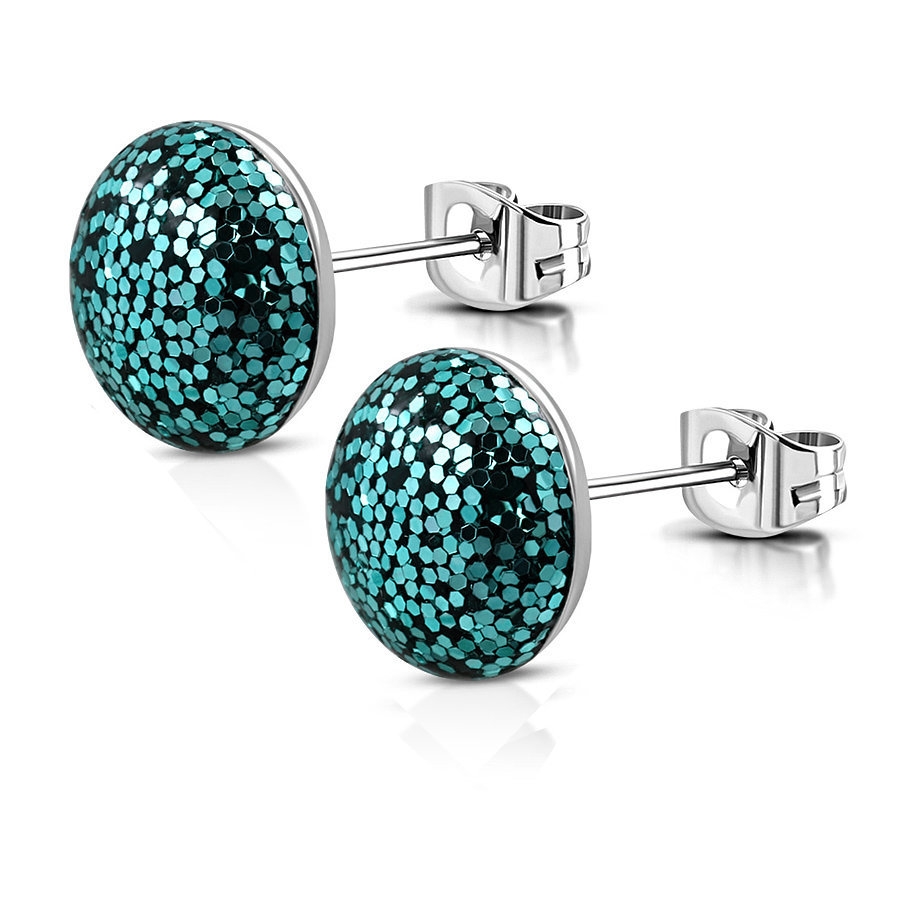 Stiftörhängen Stud Örhängen i Kirurgiskt Stål 316L i Silver Färg - Cirkel med Turkost Glitter - 8 mm