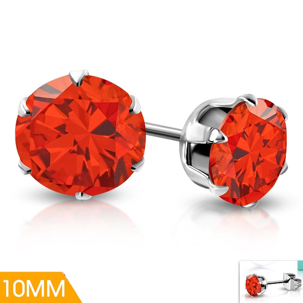 Stiftörhängen Stud Örhängen i Kirurgiskt Stål 316L i Silver Färg med Rund Orange Cubic Zircon Kristall – 10 mm