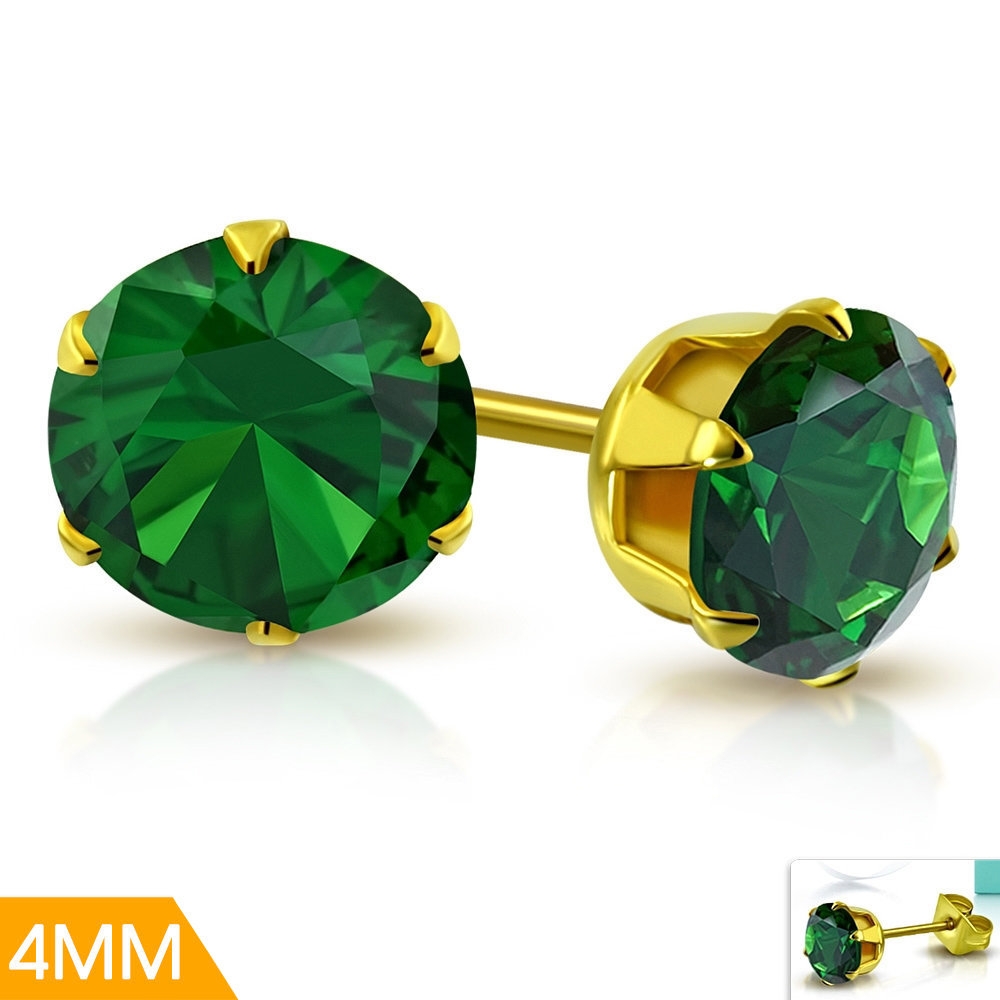 Stiftörhängen Stud Örhängen i Kirurgiskt Stål 316L i Guld Färg med Rund Grön Cubic Zircon Kristall – 4 mm