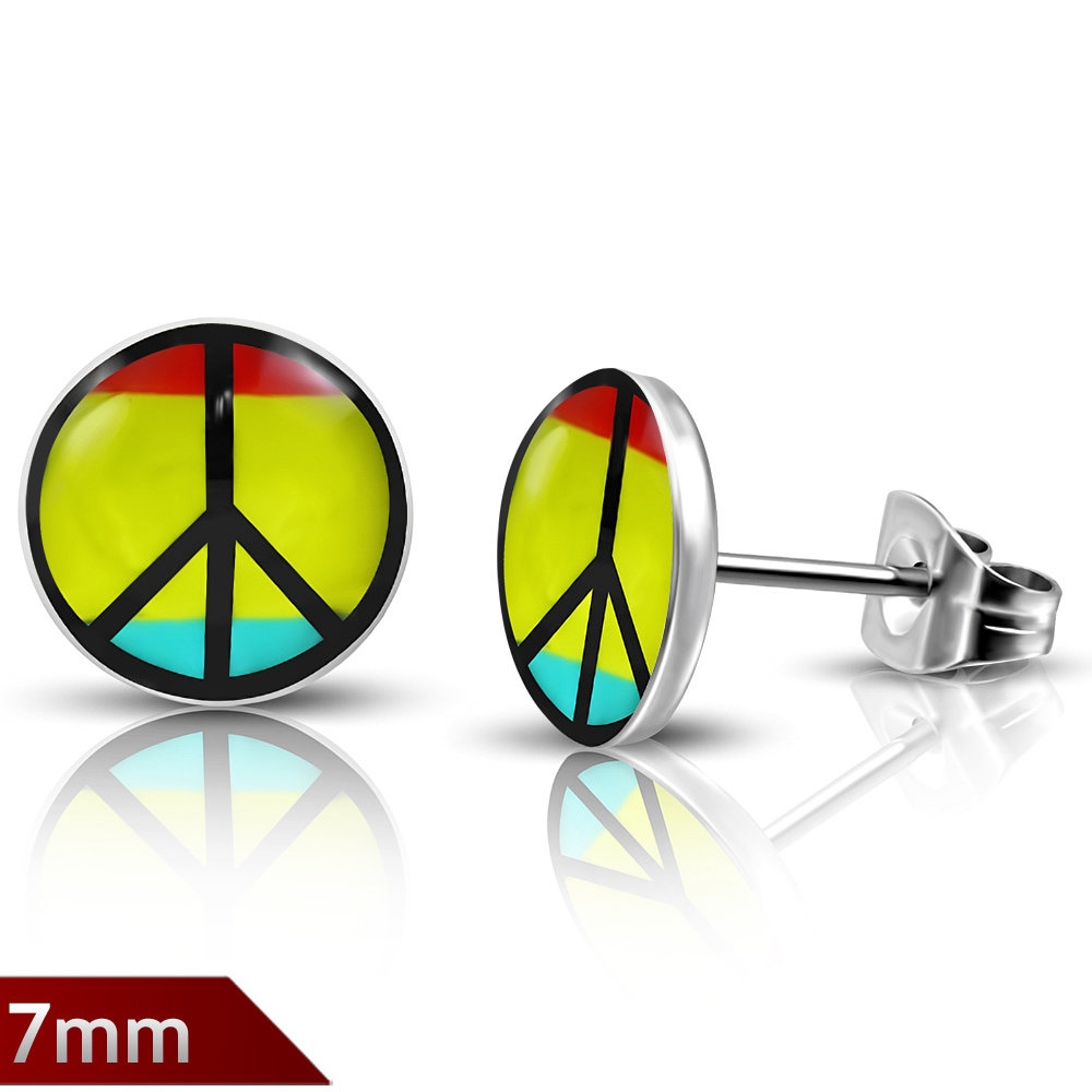Stiftörhängen Stud Örhängen i Kirurgiskt Stål 316L i Silver Färg – Peace / Pride / Regnbågsfärgad Cirkel – 7 mm
