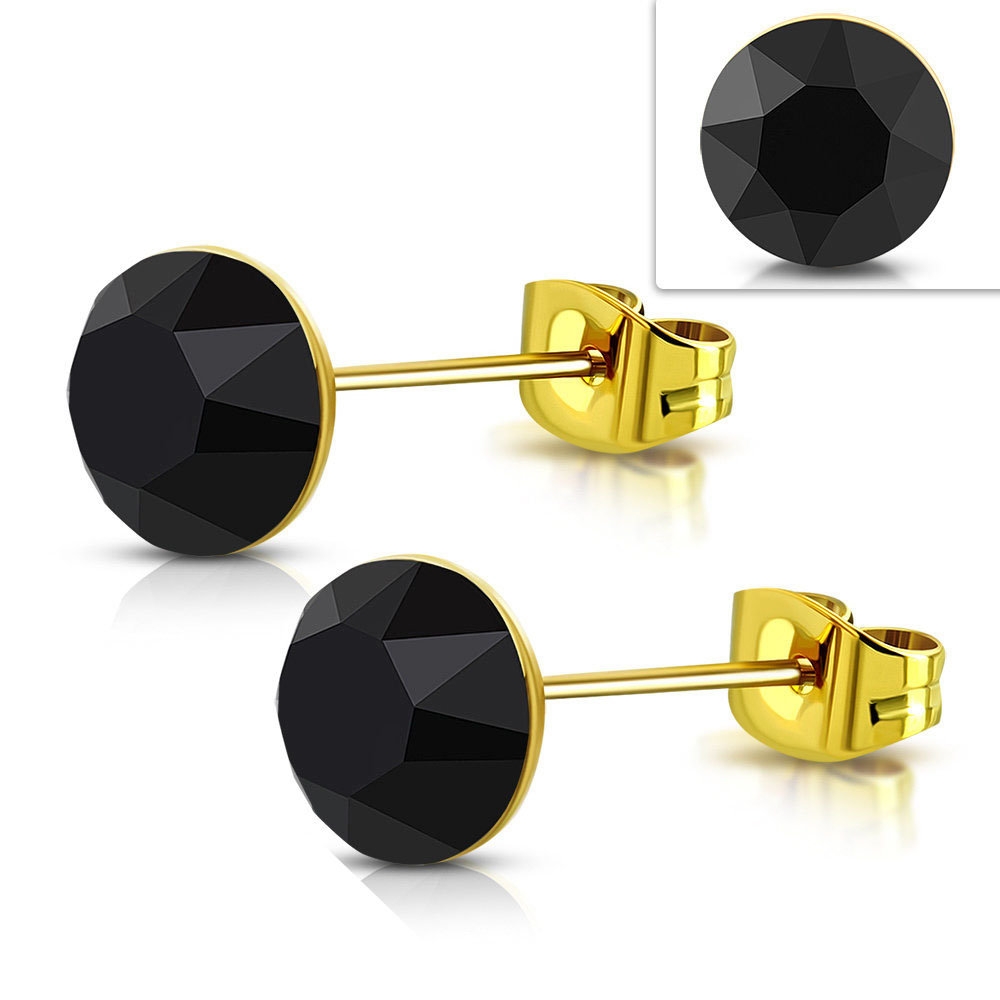 Stiftörhängen Stud Örhängen i Kirurgiskt Stål 316L i Guld Färg med Rund Svart Swarovski® Kristall – 4 mm