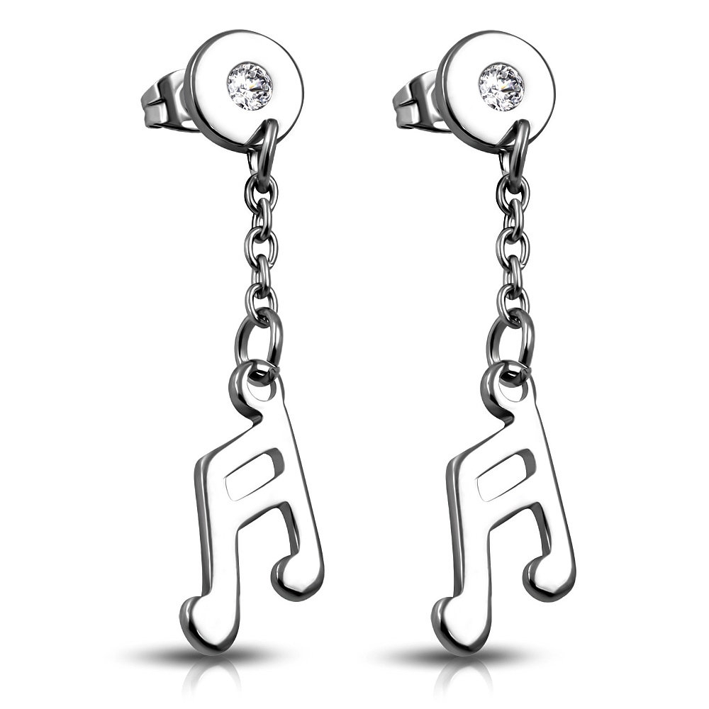 Silver Örhängen / Stiftörhängen i Kirurgiskt Stål 316L med Kedja, Not / Musiknot med Klar Cubic Zirconia