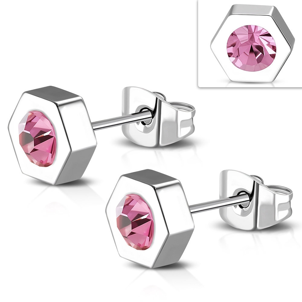 Stiftörhängen Stud Örhängen i Kirurgiskt Stål 316L i Silver Färg - Sexhörning / Hexagon med Rosa Cubic Zircon